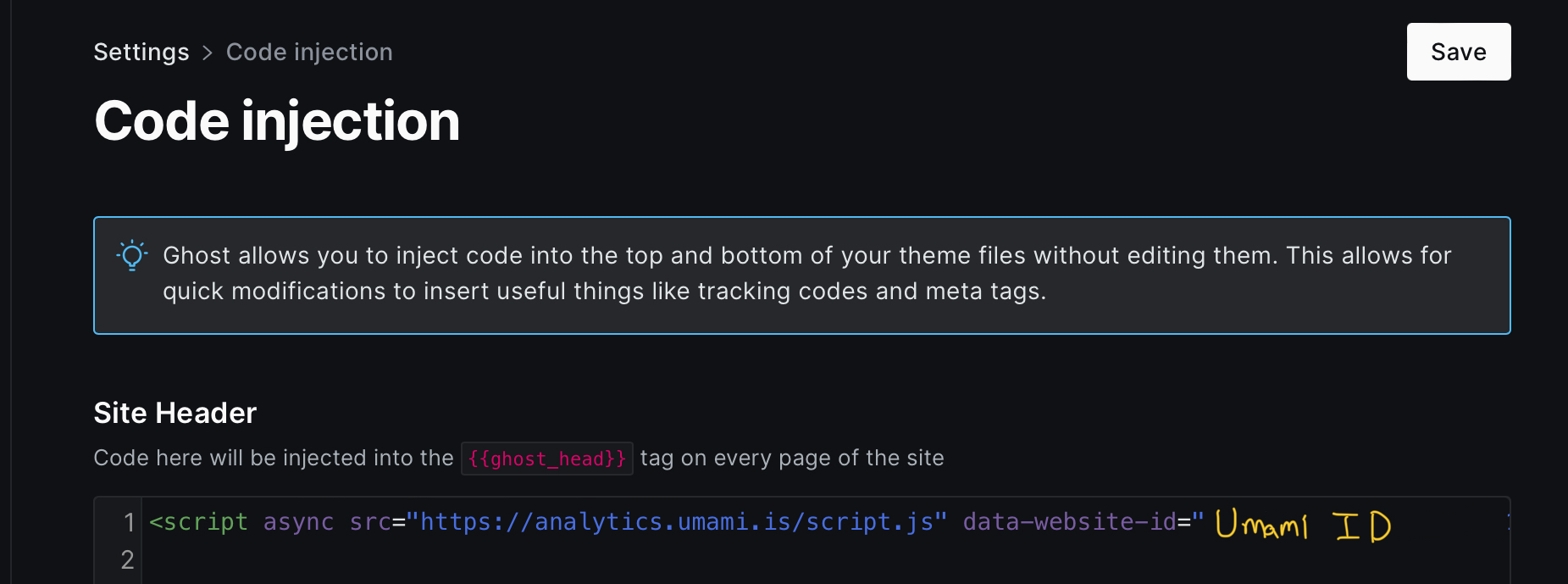 Image of the tracking script being saved into the Code Injection page of Ghost Admin