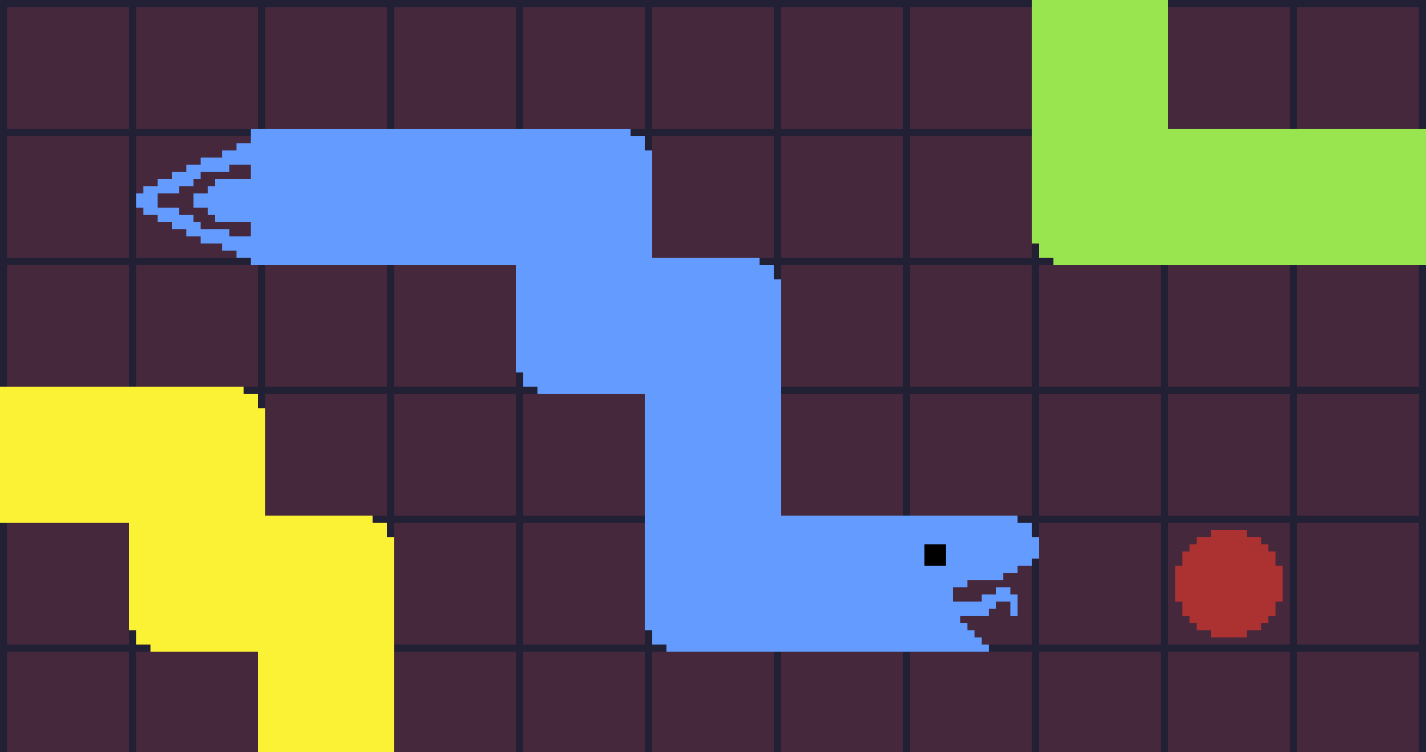 A picture of a blue pixel art snake that is navigating towards a food object on a battlesnake grid